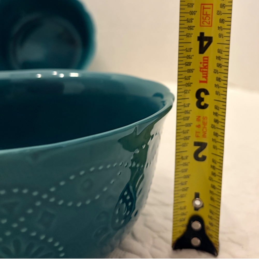 Pioneer Woman Cowgirl Lace Set of 3 Teal Floral Embossed Stoneware Bowls 6" - Picture 4 of 6